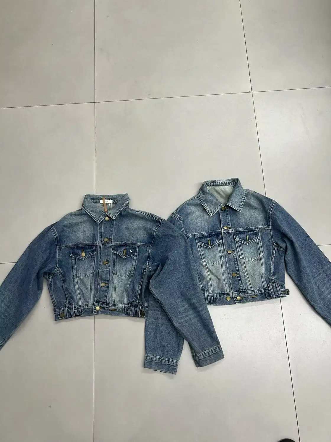 Denim jacket front samples showing construction options